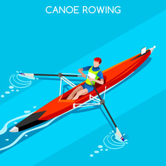 Olympics Canoe Rowing Single Summer Games Icon Set.3D Isometric Canoeist Paddler.Rowing Canoe Single Paddler Sporting Competition Race.Olympics Sport Infographic Canoe Rowing Vector Illustration