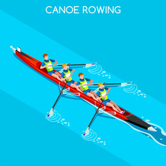 Olympics Canoe Rowing Without Coxswain Four Summer Games Icon Set.3D Isometric Canoeist Paddler.Rowing Canoe Sporting Competition Race.Olympics Sport Infographic Canoe Rowing Vector Illustration © Aurielaki