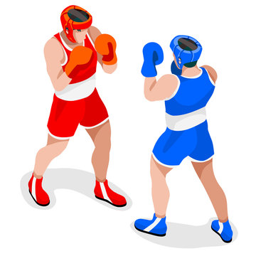 Olympics Boxing Players Summer Games Icon Set.3D Isometric Boxer.Sporting Championship International Boxe Competition.Olympics Sport Infographic Boxing Vector Illustration