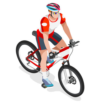 Olympics Mountain Biking Cyclist Bicyclist Athlete Summer Games Icon Set.Mountain Biking Cycling Concept.3D Isometric Sporting Bicycle Competition Race.Olympics Sport Cycling Infographic Vector 