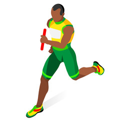 Running Men Relay of Athletic Sports Icon Set.Speed Concept.3D Isometric Athlete.Sport of Athletics.Sporting Competition Race Runner.Olympics Sport Infographic Track Field Vector Illustration.