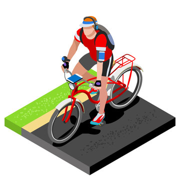 Road Cycling Cyclist Working Out.3D Flat Isometric Cyclist on Bicycle. Outdoor Working Out Road Cycling Exercises. Cycling Bike for Bicyclist athlete Working Out training Vector Image.