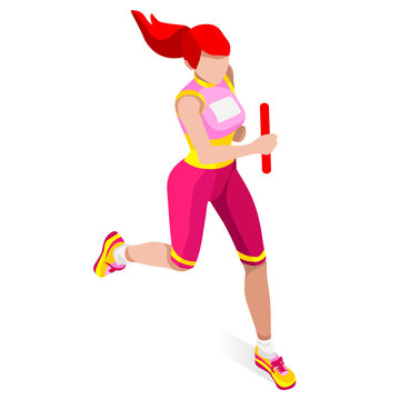Running Women Relay of Athletic Sports Icon Set.Speed Concept.3D Isometric Athlete.Sport of Athletics.Sporting Competition Race Runner.Olympics Sport Infographic Track Field Vector Illustration.