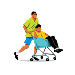 Riding supermarket shopping cart. Vector Cartoon Illustration.