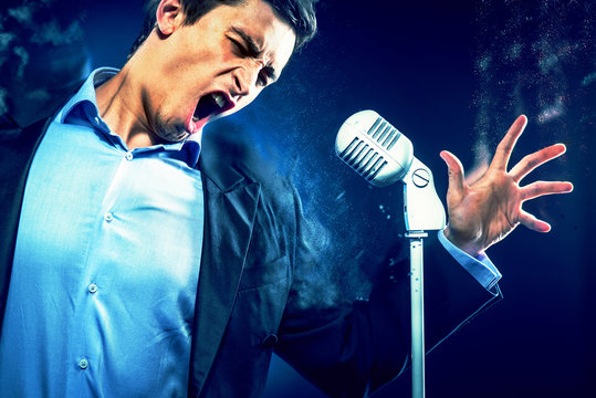 Young handsome man singing. Image with a digital effects