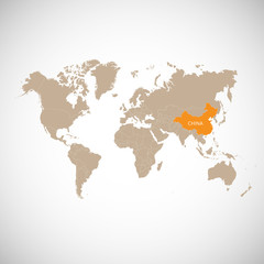 World map with the mark of the country. China. Vector illustration.
