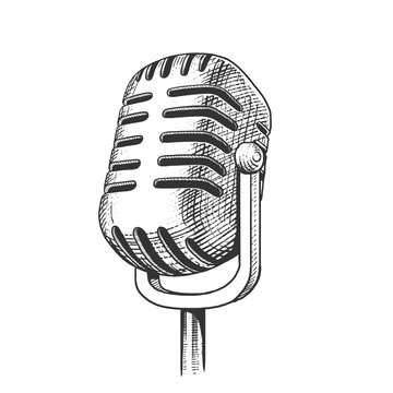Vintage microphone hand drawn engraving vector