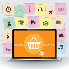 Laptop with Note paper and basket online shopping icons, ecommerce, online shopping concept, vector illustration