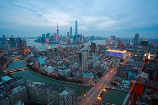 Aerial photography at Shanghai bund Skyline of twilight