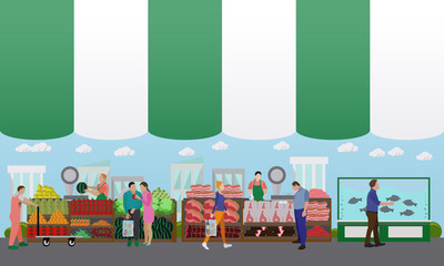 Street food festival concept vector banner. People sell from stalls