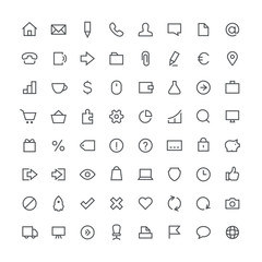 Business, office, contacts, shop, money, system and website total outline vector icon set - 64 different symbols on the white background