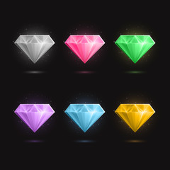 Vector Illustration of Gemstones and Diamonds in Different Colors on a Black Background