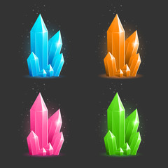 Vector Illustration of Gemstones and Diamonds in Different Colors on a Black Background