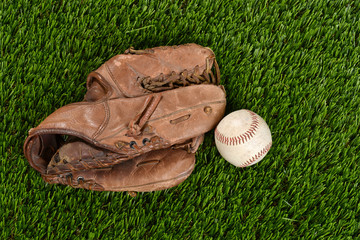 top view baseball glove and ball