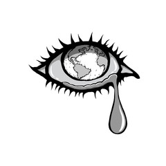 Crying eye. Earth with a sad for global warming and pollution concept.
Hand-drawn retro style.