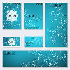 Set of modern templates for brochure, flyer, visit cards and banner. Structure molecule DNA neurons. Medicine, science technology. Abstract background. Vector Illustration.