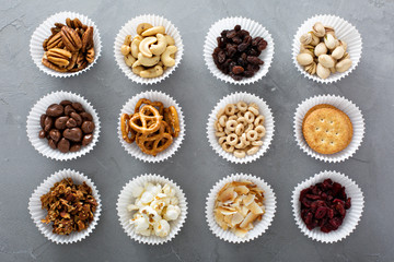 Variety of healthy snacks overhead shot