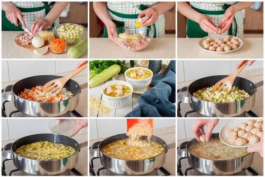 A Step by Step Collage of Making Soup with Zucchini, Pasta and M