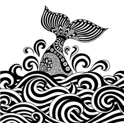 Obraz premium Whale tail in the wavy ocean line art design for coloring book fro adult,sign, logo, T-shirt design, card and design elelment