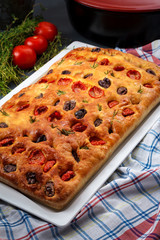 Tasty pie on dripping pan. Close up.