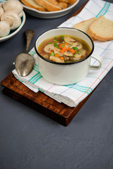 Tasty soup in pan over gray background. Close up. Copy space.