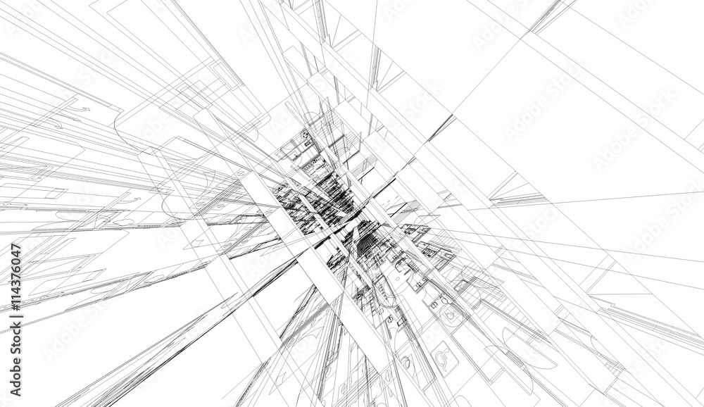Poster abstract 3d render of building wireframe structure.