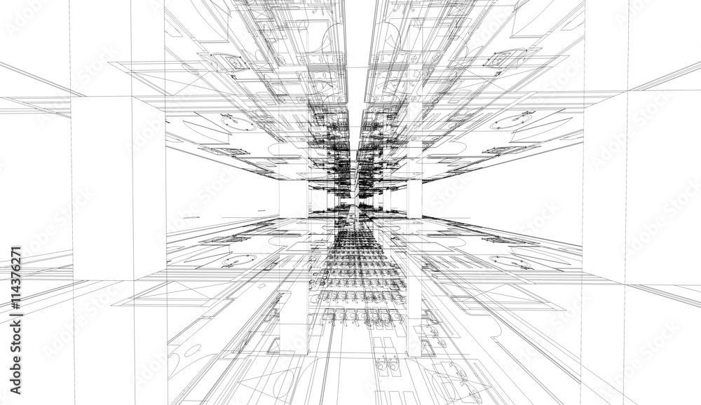 Poster abstract 3d render of building wireframe structure.