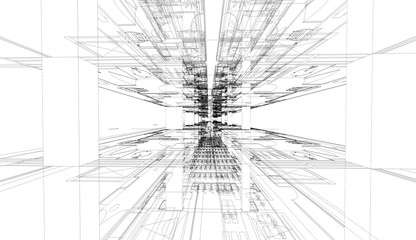 Abstract 3D render of building wireframe structure.