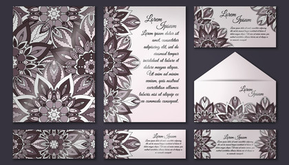 Invitation card collection, delicate floral pattern. Vintage decorative elements. Hand drawn background.