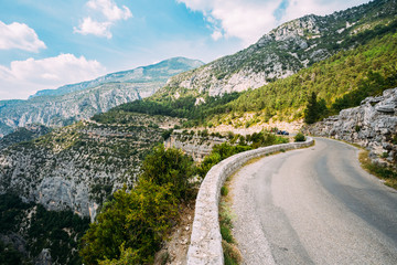 Mountain Road Under Sunny Blue Sky. Verdon Gorge In France.