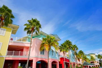 Papier Peint photo Lavable Amérique centrale Floride Fort Myers façades de palmiers colorés