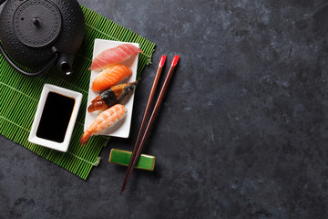 Set of sushi and green tea