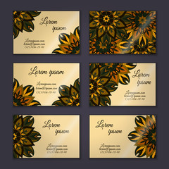 Business card collection, delicate floral mandala pattern. Vintage decorative elements. Hand drawn background.