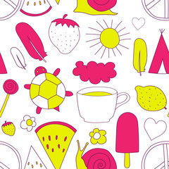hand drawn neon doodles pattern vector illustration coffee cup, sun, ice cream, heart, cloud, rainbow, turtle, feather, pacific, snail, wigwam, watermelon, strawberry isolated on white background