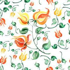 watercolor pattern - vintage, red and orange flower on a branch, buds, leaves 