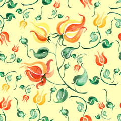 pattern pattern - vintage, red and orange flower on a branch, buds, leaves