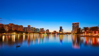 Orlando skyline sunset at lake Eola Florida US
