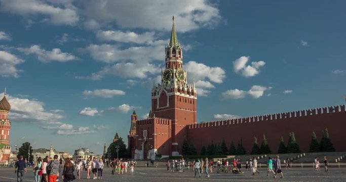 Moscow Kremlin, Red Square. Spasskaya Savior's clock tower timelapse.