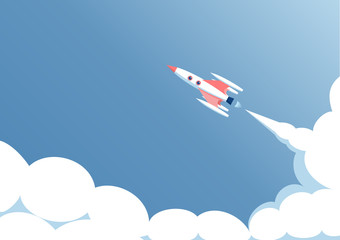 spaceship flight against the blue sky, launch spaceship on a blue background, startup concept