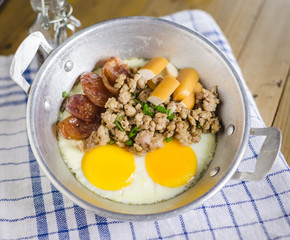 pan-fried egg with Chinese sausage, minced pork