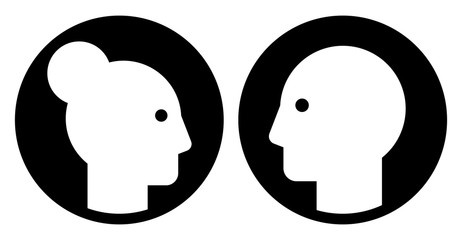 Black vector sign of male and female heads silhouettes (side view) inside circles