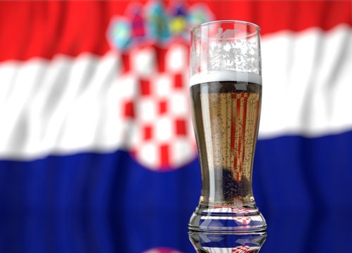 a glass of beer in front a Croatia flag. 3D illustration rendering.