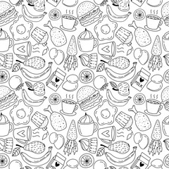 Hand drawn breakfast food and icons doodle set. School lunch menu.