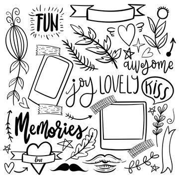 Set of cute and girly jand drawn vector doodle stickers.