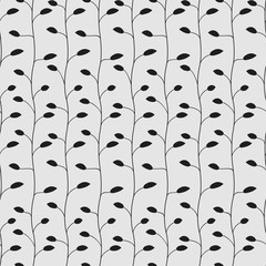 Seamless black and white leaves monochrome vector pattern.