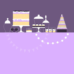 Obraz premium Candy Buffet with handmade cake. Wedding dessert bar. Birthday sweet table. Vector illustration.