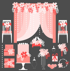 Obraz premium Vector set of decorative wedding elements. Chairs, arch, cake, flowers, bouquet, gifts, cards box. Vector illustration