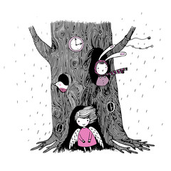 The tree, angel, hollow, watch, bunny and bird