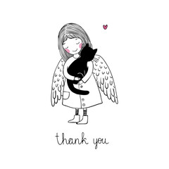 Angel and black cat on a white background.