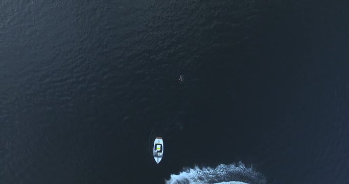 Boat Floats On The River Aerial View.